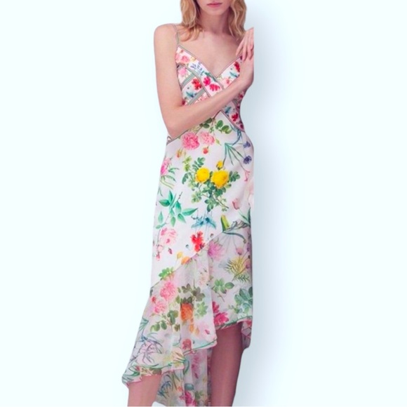 Tadashi Shoji x BHLDN Eva 2 | XS Ivory Pink Floral Chiffon High-Low Midi Formal - Picture 2 of 10